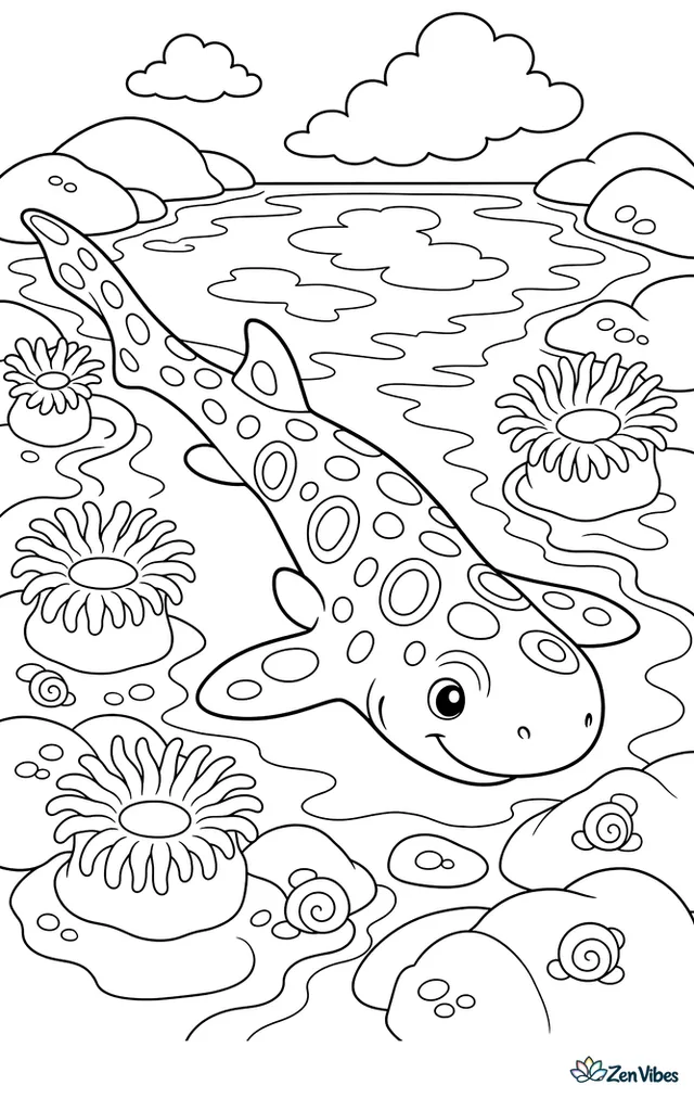 An epaulette shark wiggles across a tidal reef pool among sea anemones, tide-polished rocks, little snails, and shallow water reflecting clouds overhead.