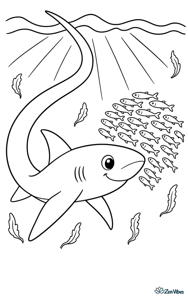 A thresher shark sweeps its long tail beside a bait ball of sardines, with shafts of light, a few drifting feathers of algae, and waves above.