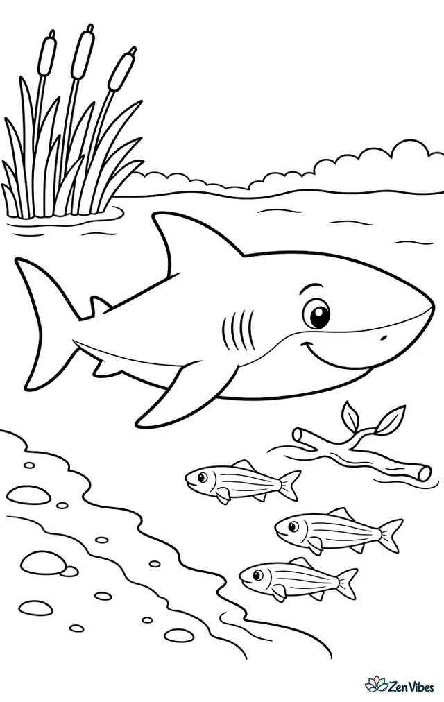 A bull shark patrols a broad river mouth where fresh and salt water meet, passing reeds, floating branches, mullet, and a muddy bank fading into deeper water.