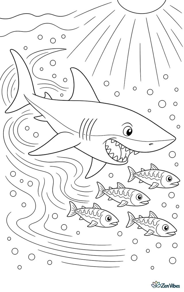 A shortfin mako shark darts through blue water chasing mackerel, with curling wake lines, scattered bubbles, and distant sun rays angling down from above.