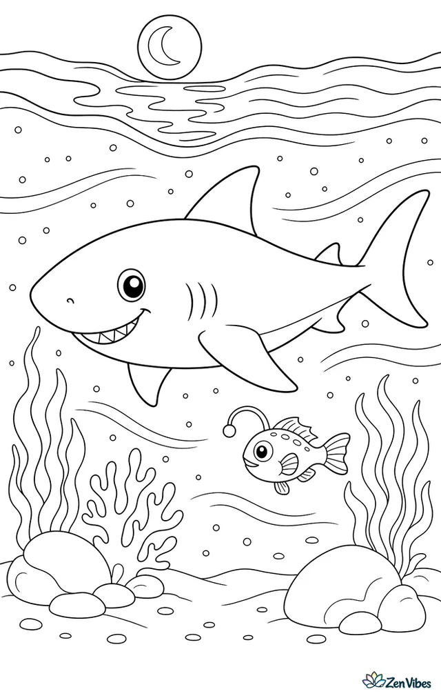 A cookiecutter shark glides through dark ocean water under moonlit surface ripples, with glowing plankton specks, a lanternfish nearby, and long gentle currents.