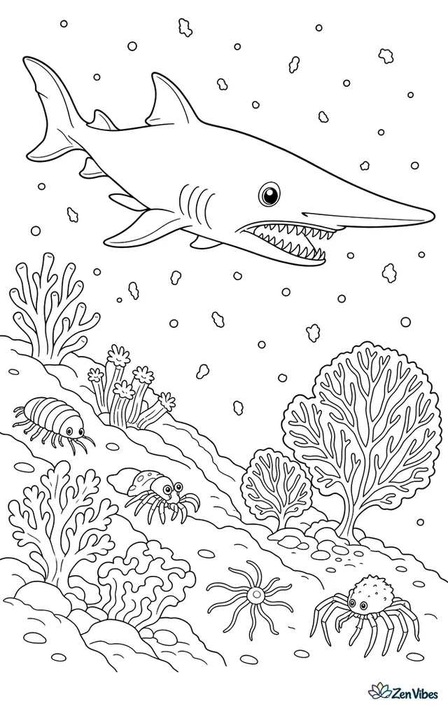 A goblin shark drifts above a deep-sea slope, passing soft corals, sea fans, odd little crustaceans, and sinking marine snow in dim blue water.