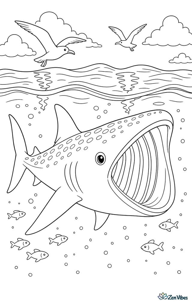A basking shark swims with its huge mouth open near the surface, filtering plankton among gull reflections, tiny fish, and rolling swells under a bright sky.