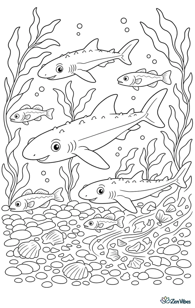 A spiny dogfish swims with several others over pebbly seabed, weaving between kelp stems, small cod, and patches of shell fragments stirred by currents.