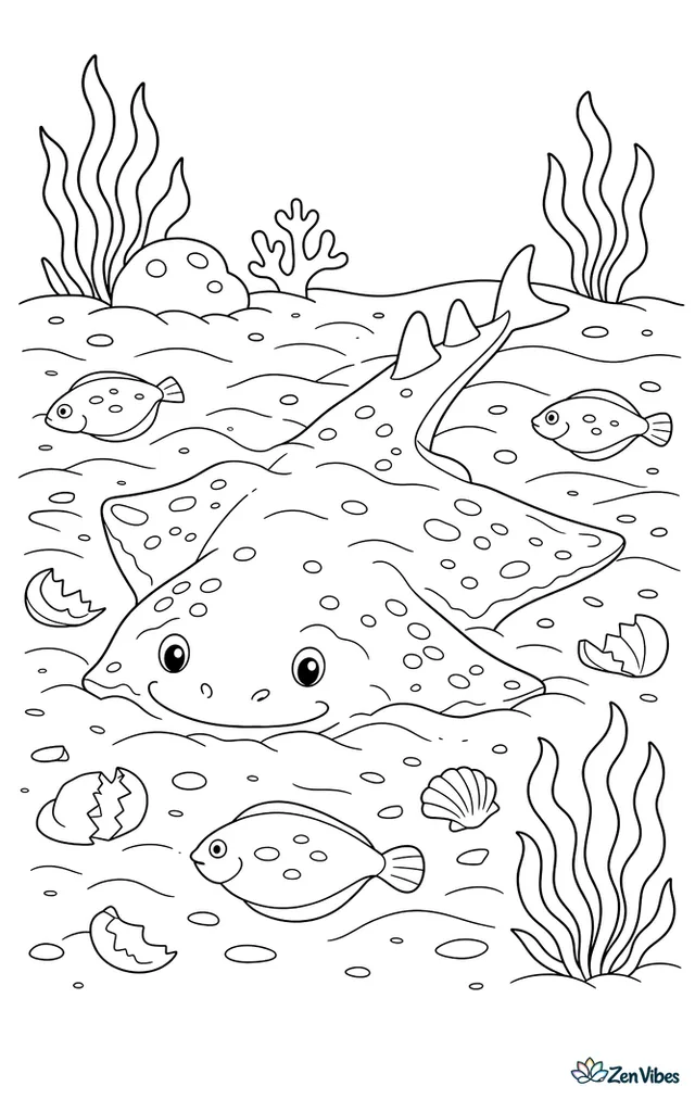 An angel shark lies partly buried on the seafloor, with only its outline showing among sand ripples, small flatfish, broken shells, and low drifting seaweed.