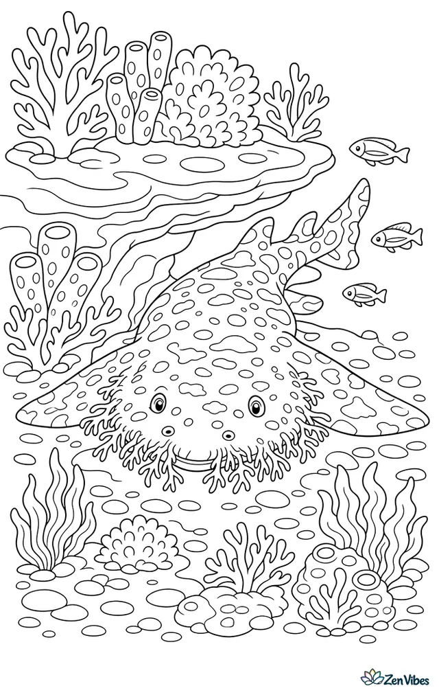 A tasseled wobbegong rests under a coral ledge, blending with sponges, branching coral, tiny wrasse, and a patterned seabed covered with pebbles and algae.