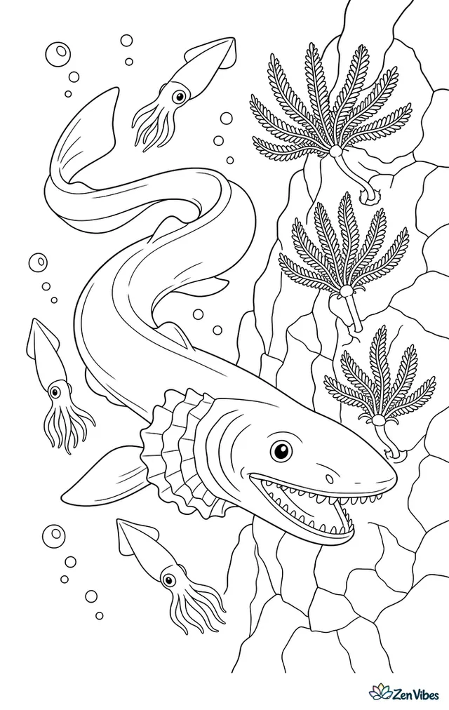 A frilled shark winds through deep water beside a rocky wall, with crinoids clinging to stone, pale squid nearby, and faint light far overhead.