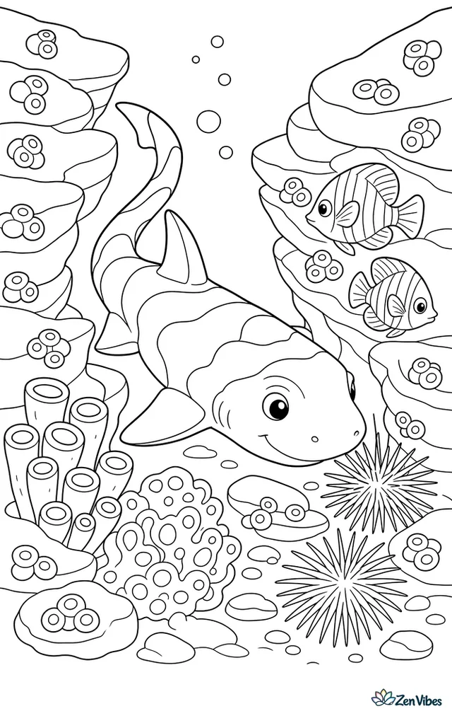 A Port Jackson shark explores a narrow reef crevice, nosing around sea urchins, striped fish, sponge clusters, and layered rocks dotted with tiny barnacles.