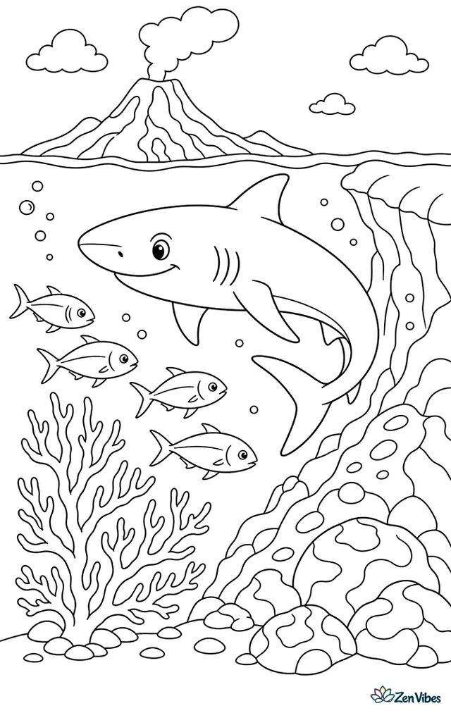 A Galapagos shark circles near a volcanic island drop-off, with lava rocks, schooling jacks, waving black coral, and clear water fading into ocean blue.