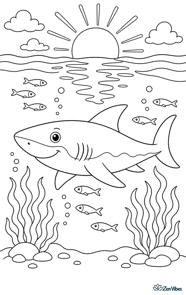 A dusky shark cruises beneath a glowing sunset surface, with long reflections overhead, scattered pilchards, drifting seaweed, and gentle swell shadows around it.