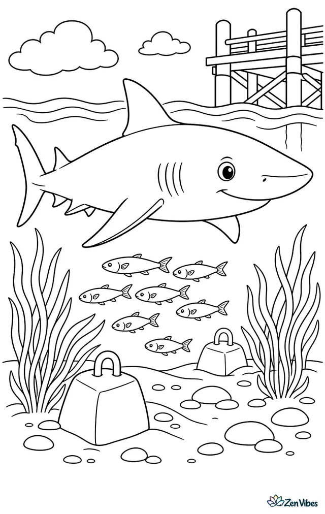 A bronze whaler shark glides through a broad bay past eelgrass beds, mullet schools, anchor stones, and a pier silhouette softened by shimmering water.