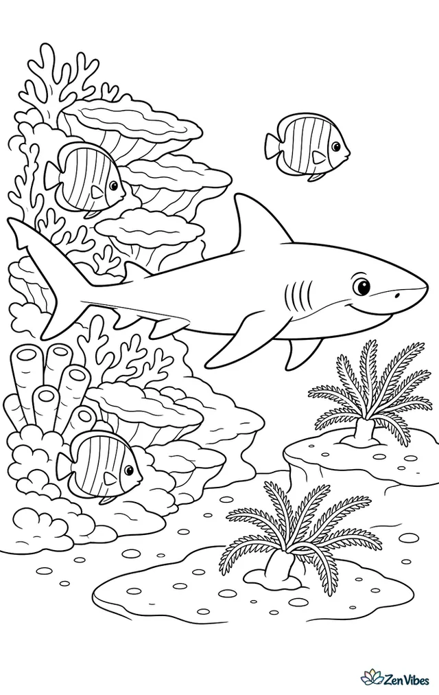 A gray reef shark patrols along a coral wall, weaving past butterflyfish, plate corals, tube sponges, and sandy ledges with feather stars attached.