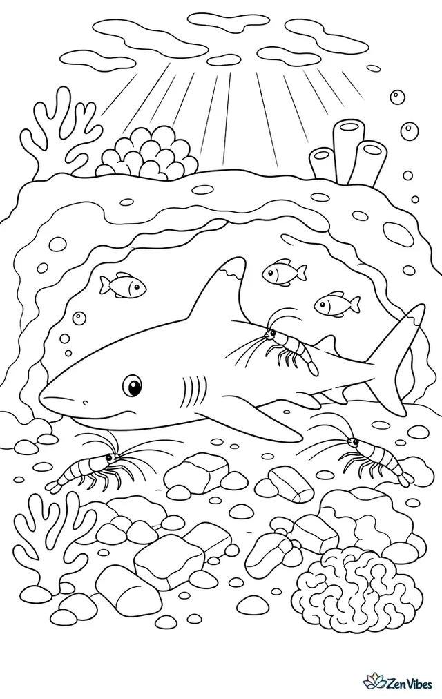 A whitetip reef shark rests beneath an overhang by day, surrounded by cleaner shrimp, small cave fish, coral rubble, and dappled light from above.