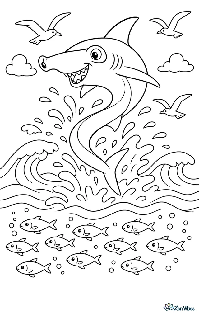 A spinner shark bursts from the water in a twisting jump, with splashes, circling seabirds, rolling waves, and a school of silver fish below.