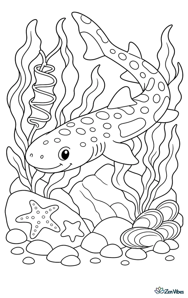 A swell shark curls around seaweed near a rocky reef, with a corkscrew eggcase attached to kelp, sea stars, mussels, and tide-shadowed stones.