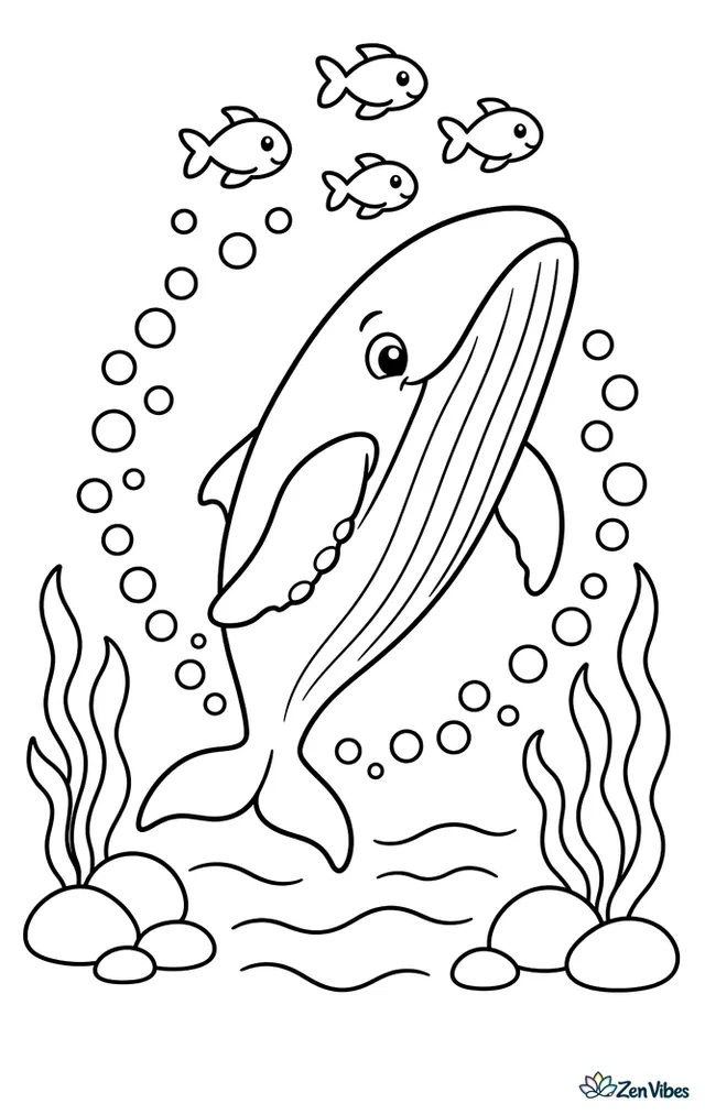 A humpback whale swims upward through a ring of bubbles while small fish gather above. Seaweed, a few rocks, and gentle wave lines surround the simple ocean scene.