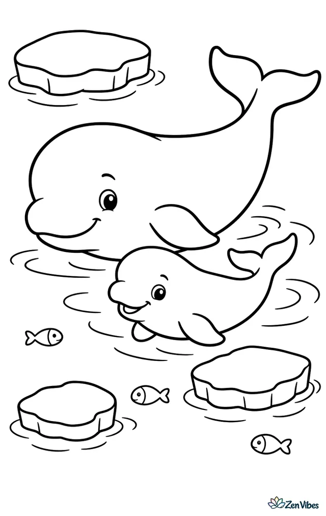 A beluga whale glides beside its calf in calm Arctic water. Rounded ice floes, a few tiny fish, and soft ripples create a clear, open scene with big simple shapes.