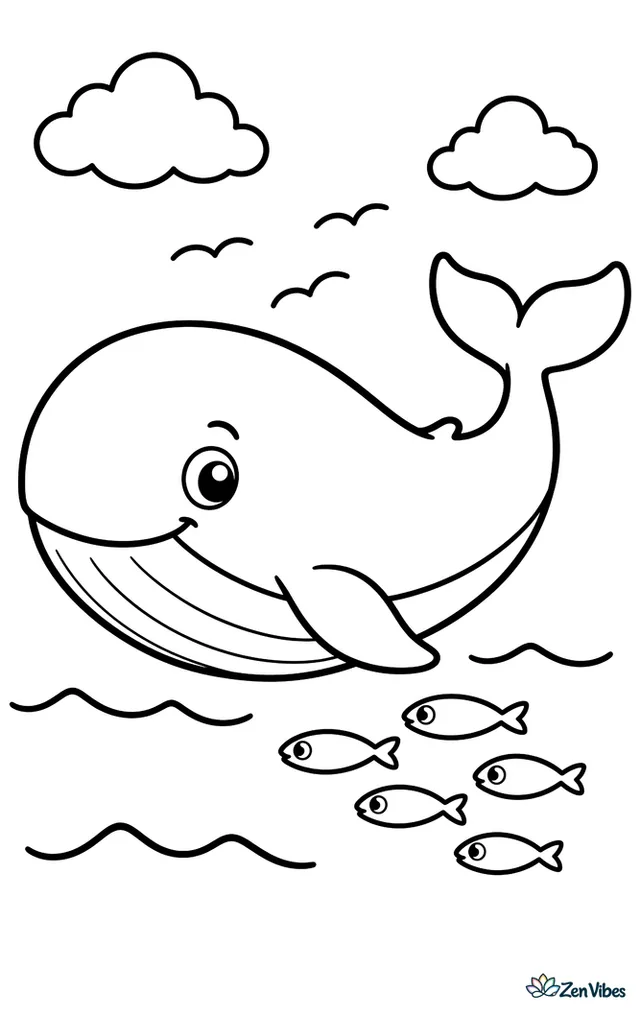 A blue whale cruises slowly across the open sea near a small school of anchovies. A few clouds, simple waves, and distant seabirds keep the scene spacious and easy to color.