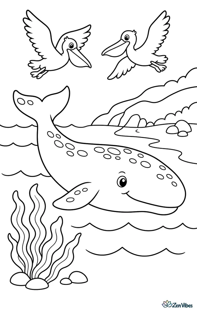A gray whale travels along a coastline during migration, passing beneath flying pelicans. Rolling waves, a sandy shore, and a few kelp fronds create a gentle, easy seaside scene.