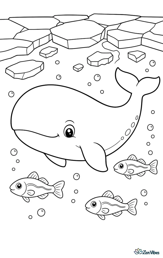 A bowhead whale swims beneath cracked sea ice while small Arctic cod drift nearby. Ice chunks, tiny bubbles, and soft underwater lines give the page an easy but complete polar setting.