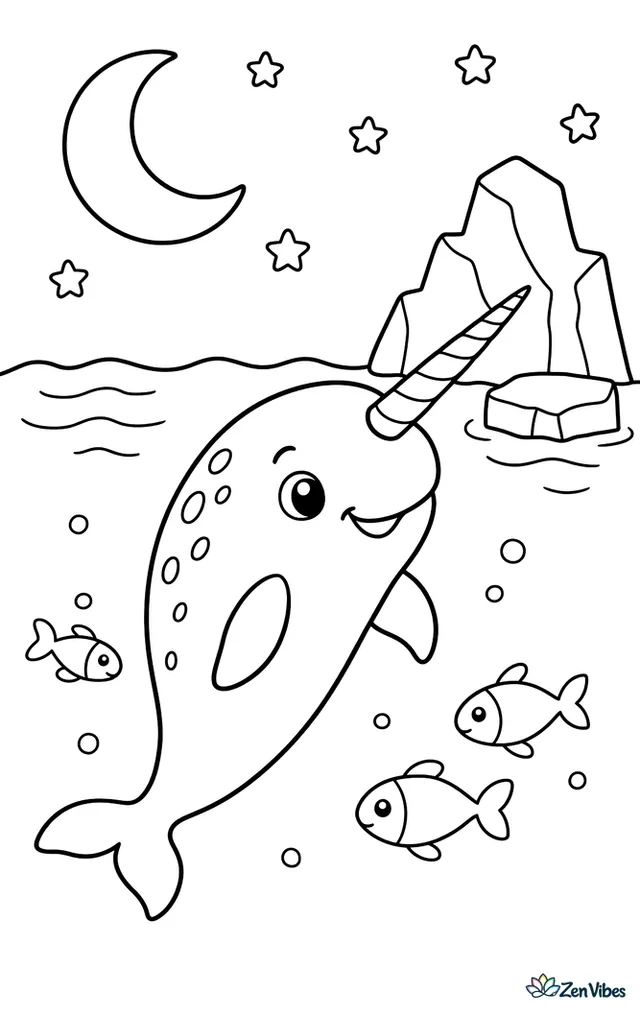 A narwhal swims near the surface at twilight, its long tusk pointing past drifting ice. A crescent moon, calm ripples, and a few stars and fish complete the peaceful scene.