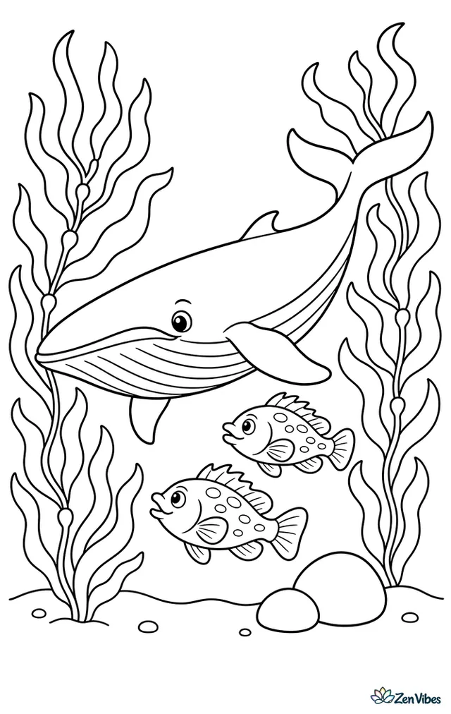A minke whale passes through a tall kelp garden with curious rockfish nearby. Swaying kelp blades, a sandy bottom, and two rounded stones add simple detail without crowding the scene.