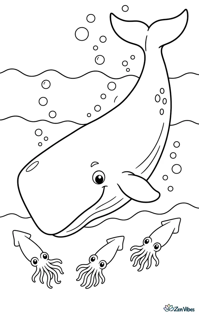 A sperm whale tilts downward for a deep dive as its tail rises high. Bubbles, a few squid shapes below, and layered ocean bands make an easy scene with clear movement.