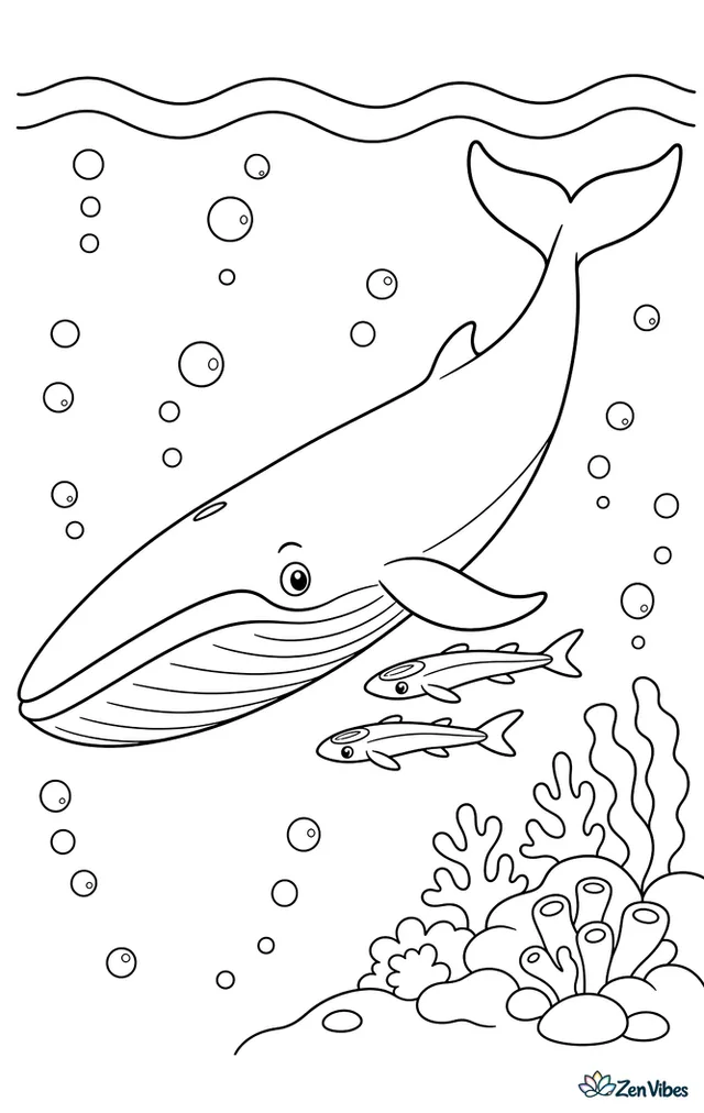 A fin whale glides through cool water while a pair of remoras follows alongside. Light waves, scattered bubbles, and a distant reef edge create a clean, easy underwater scene.
