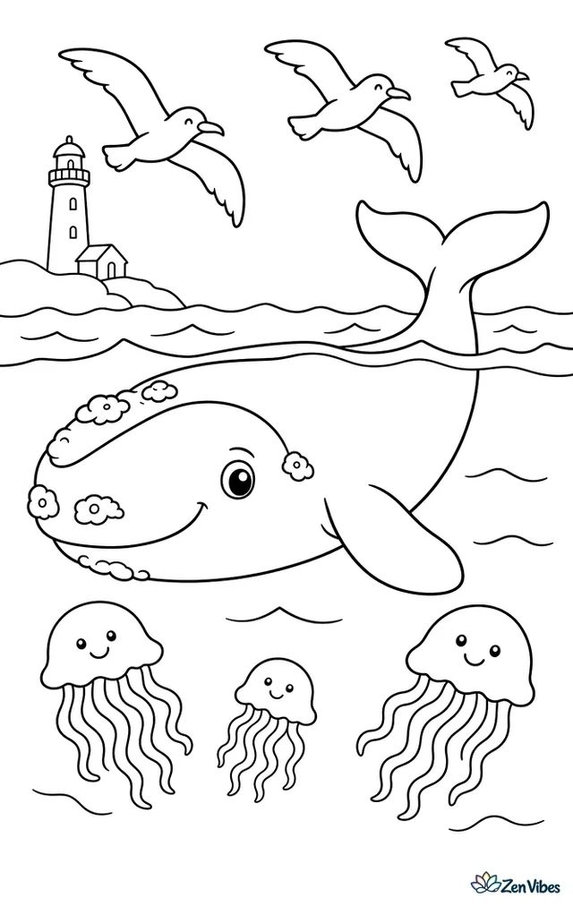 A North Atlantic right whale floats near the surface with seabirds overhead. Gentle waves, a far lighthouse on shore, and a few drifting jellyfish build a calm and easy coastal scene.