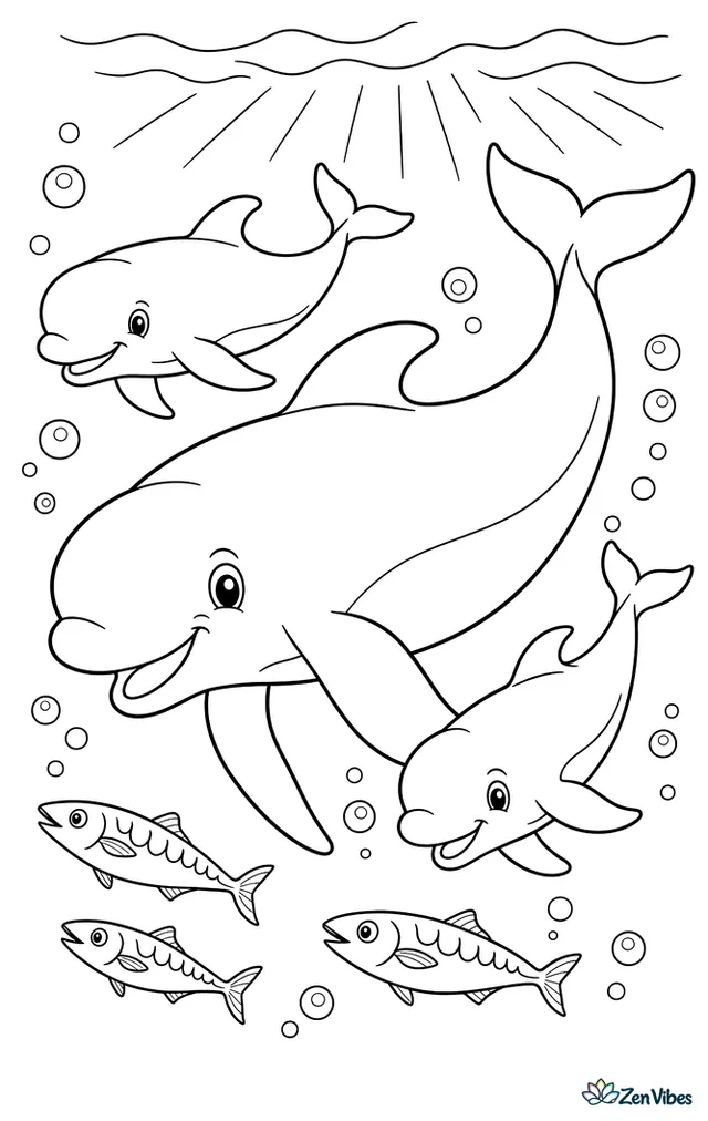 A long-finned pilot whale swims with two pod members through open water. Bubbles, a few mackerel, and gentle surface rays make a friendly scene with simple repeated shapes.