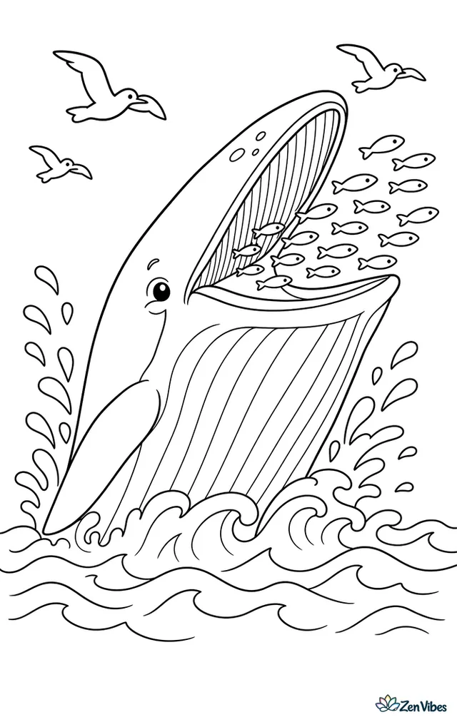 A Bryde's whale opens its mouth near the surface to catch schooling sardines. Splashes, curved wave crests, and a few seabirds add motion while keeping the scene easy to color.