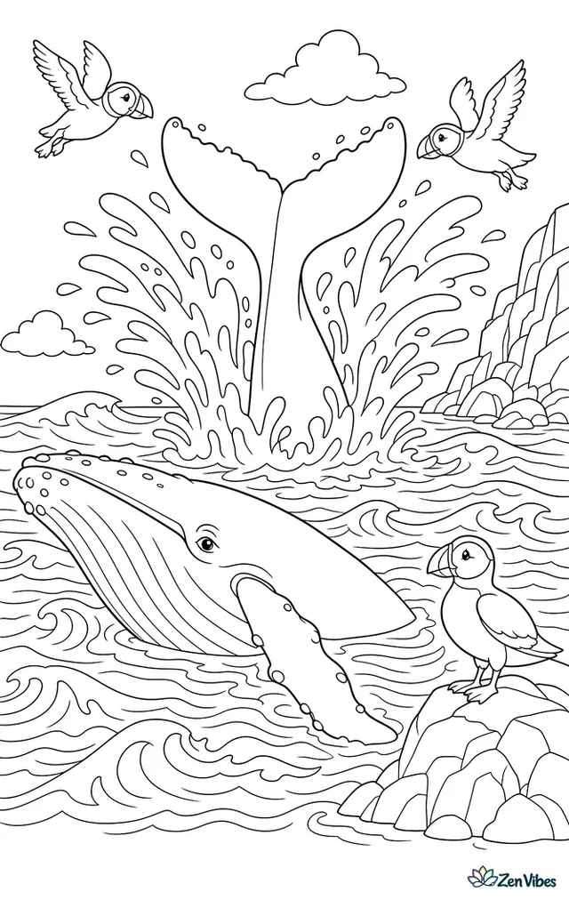 A humpback whale slaps its tail on the water, sending spray in wide arcs. Nearby puffins, rolling swells, and a rocky shoreline create a lively ocean scene with moderate detail.