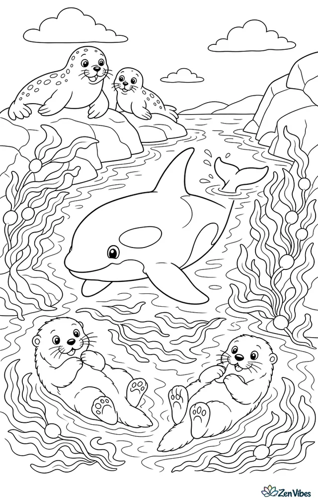 An orca swims through a narrow channel lined with floating kelp. Harbor seals watch from rocks while sea otters drift nearby, filling the marine scene with varied but clear elements.