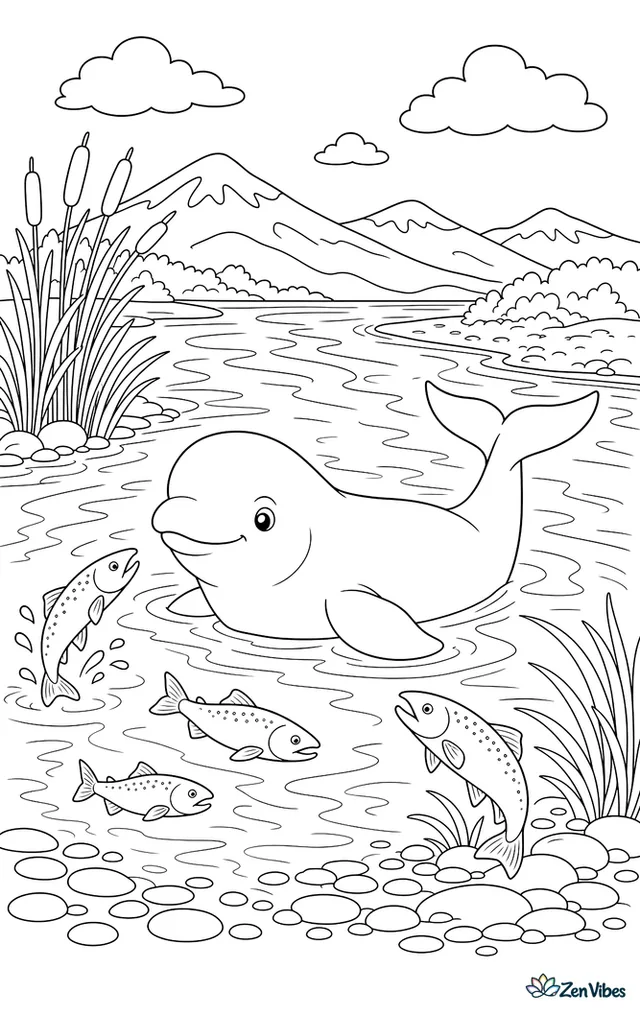 A beluga whale explores a broad river mouth where salmon gather. Reeds, pebbled shallows, and distant snow-covered hills surround the water in a balanced scene with moderate detail.