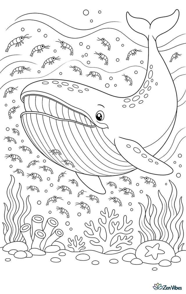 A blue whale swims through a cloud of krill with its pleated throat expanded. Tiny crustaceans, bubbles, and layered deep-water currents create a rich but readable feeding scene.