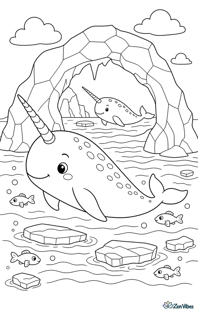 A narwhal passes beneath natural ice arches with another narwhal farther back. Small Arctic fish, floating ice pieces, and textured water lines add interest throughout the polar scene.