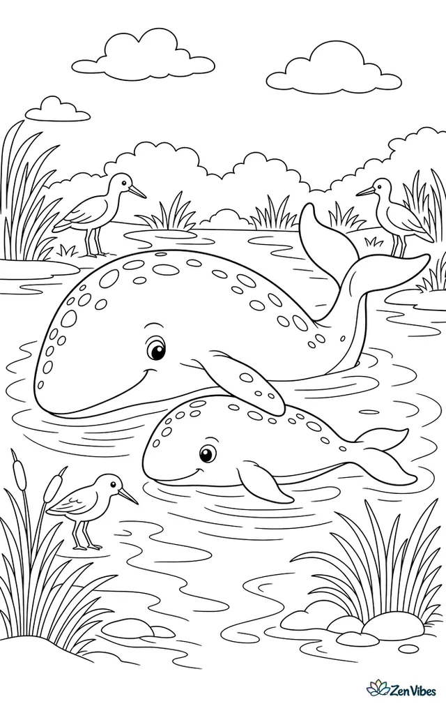 A gray whale nudges its calf through a sheltered lagoon. Marsh grasses, shorebirds, and gentle ripples around both whales form a warm coastal nursery scene with moderate background detail.