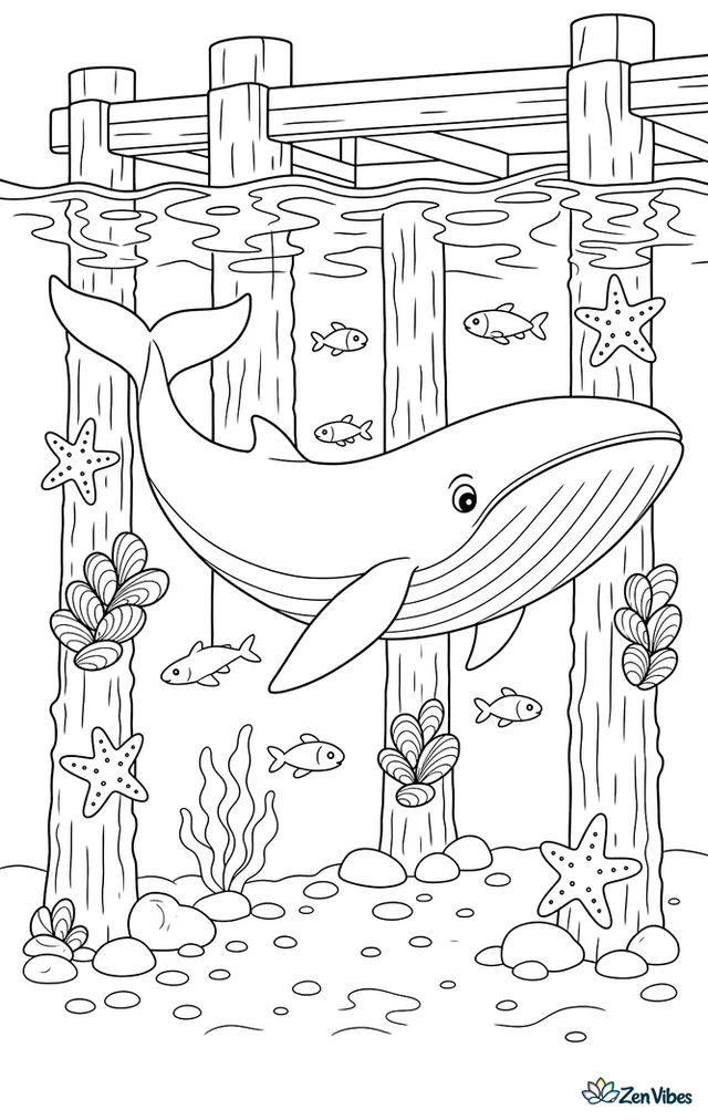 A minke whale swims past wooden pier pilings where starfish and mussels cling below. Small fish weave between the posts, and wave reflections create a lively harbor-edge scene.