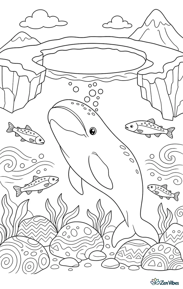 A bowhead whale rises beneath a rounded opening in the ice, exhaling bubbles. Snowy ice edges, Arctic char, and etched underwater patterns make the polar environment fuller and engaging.