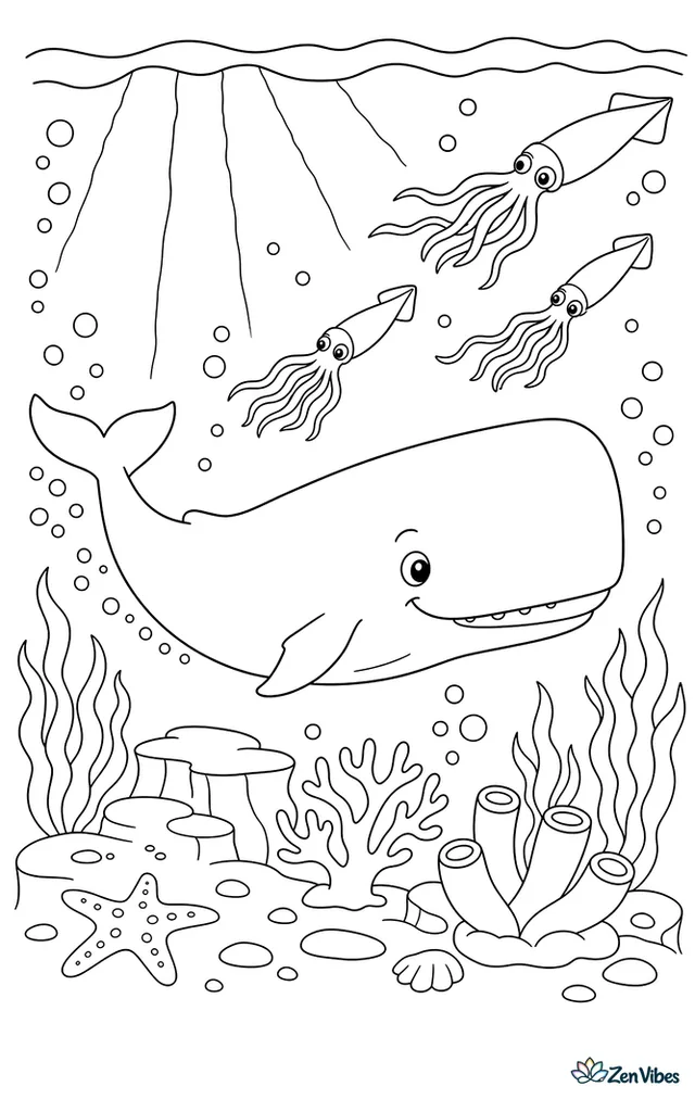 A sperm whale cruises through darker water while several squid drift ahead. Sunbeams fade from above, bubbles trail behind, and scattered deep-sea shapes give the scene moderate complexity.