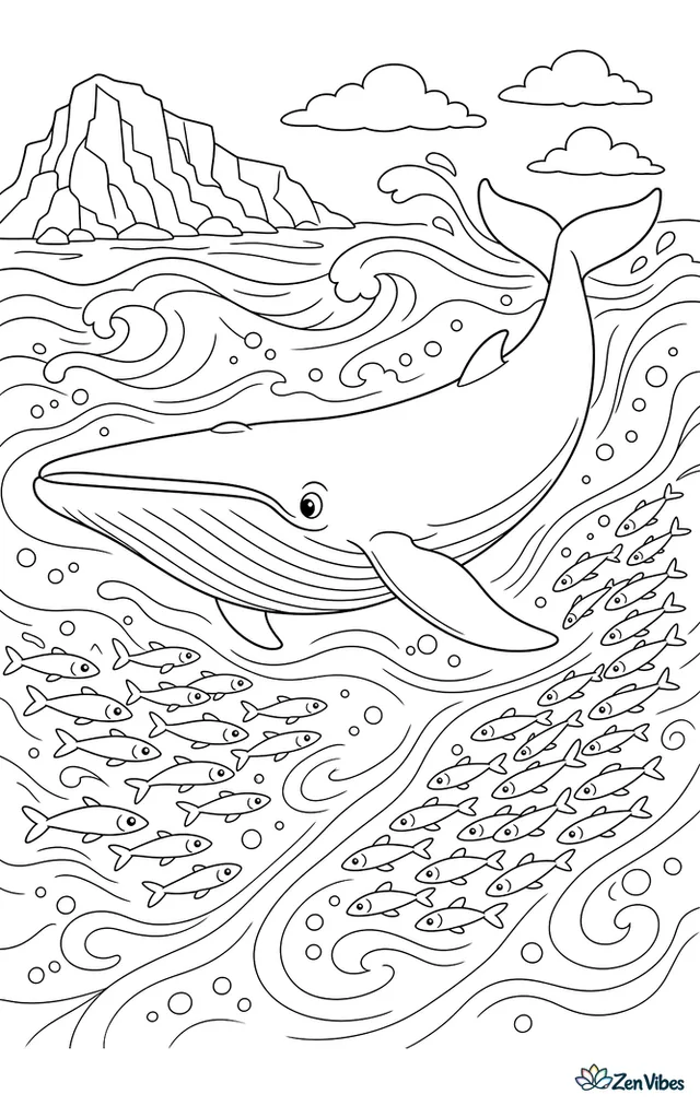 A fin whale cuts through a swift ocean current beside swirling schools of herring. Rolling water patterns, bubbles, and a distant rocky headland complete the active marine scene.