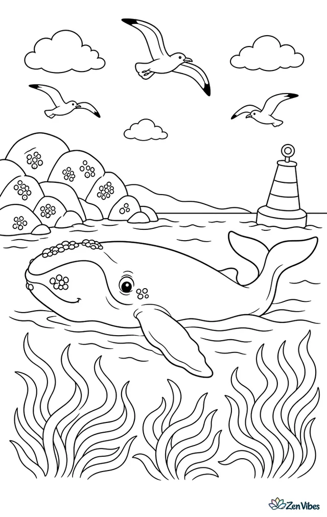 A North Atlantic right whale moves through a calm bay with barnacled rocks nearby. Gulls circle above, eelgrass waves below, and a striped buoy adds one more simple focal element.