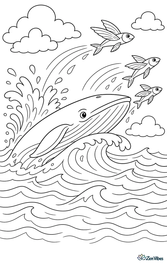 A sei whale surfaces along the crest of a long wave as flying fish leap ahead. Layered water textures, clouds, and spray lines give the ocean scene a dynamic look.