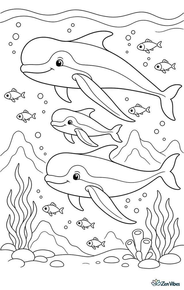A long-finned pilot whale swims with a calf and another adult through gently patterned water. Lanternfish, bubbles, and distant underwater ridges enrich the pod scene without overcrowding it.