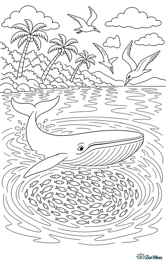 A Bryde's whale circles a bait ball in a tropical bay. Palm-lined shoreline, seabirds diving, and rippling reflections across the water bring variety to the moderately detailed scene.