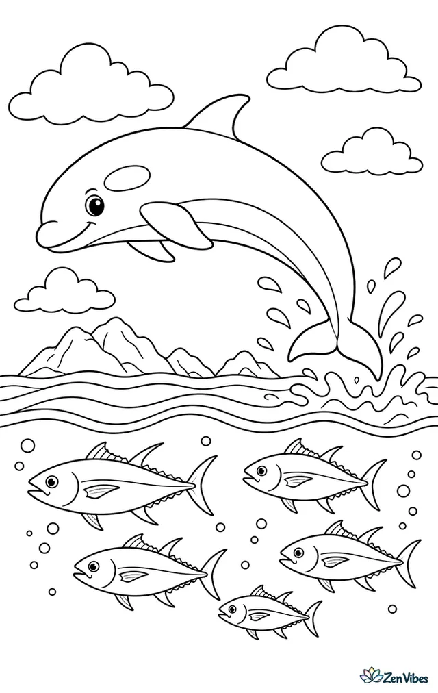 A false killer whale arcs through open water while tuna swim below. Puffy clouds, layered swells, and a distant island chain frame the sleek whale in a moderately detailed seascape.