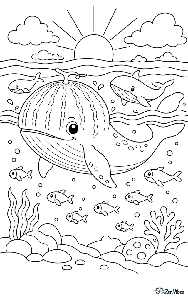 A melon-headed whale swims near the surface with several companions in the distance. Rippling wave bands, tiny fish, and a glowing horizon build a distinct ocean scene with medium detail.