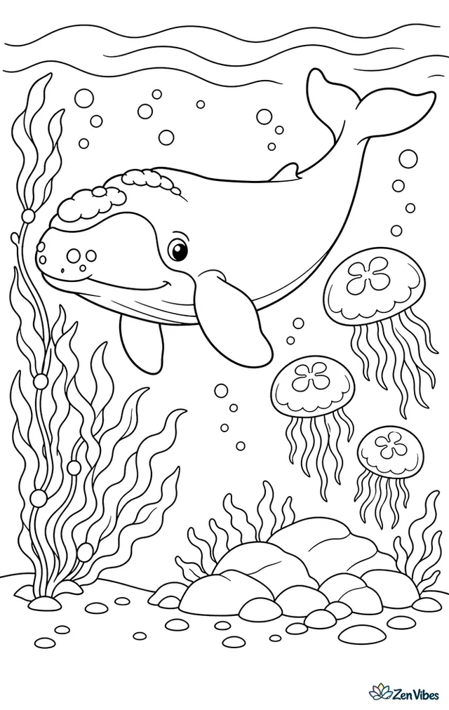 A pygmy right whale glides beside drifting kelp and a cluster of moon jellies. Bubbles, textured wave shadows, and a rocky seafloor patch give the small-whale scene balanced detail.