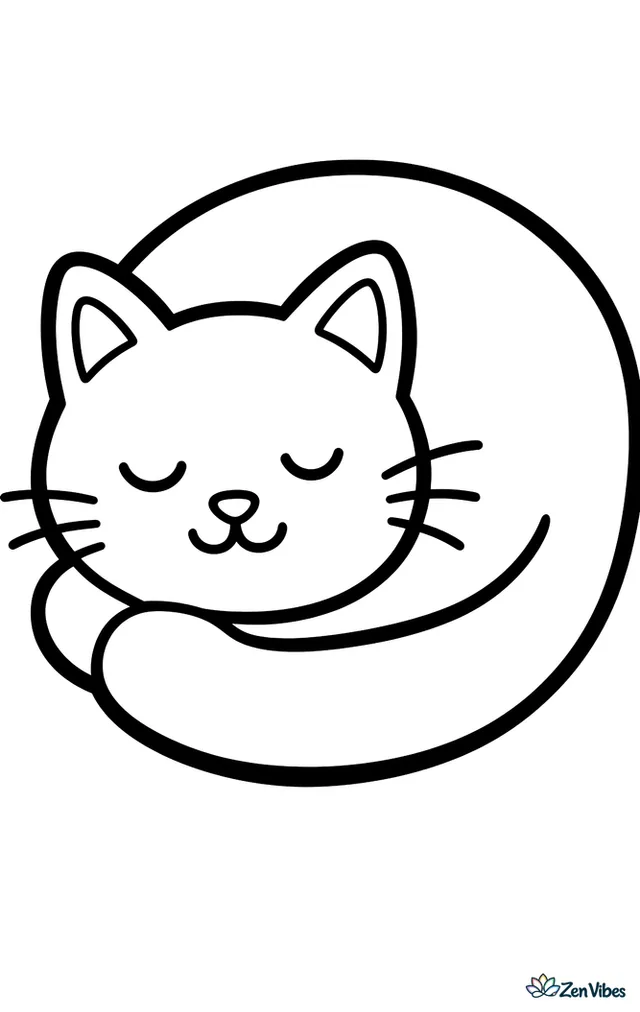 A cat curled into a circle with its eyes closed and its tail wrapped around its body, no background