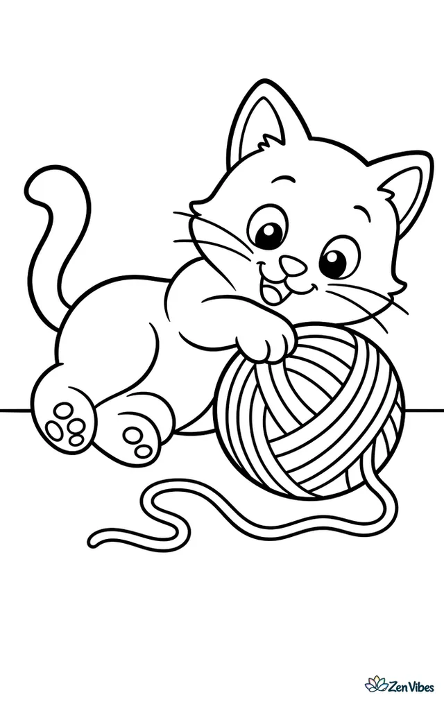 A cat lying on its side batting a large ball of yarn with a loose thread, on a plain floor line